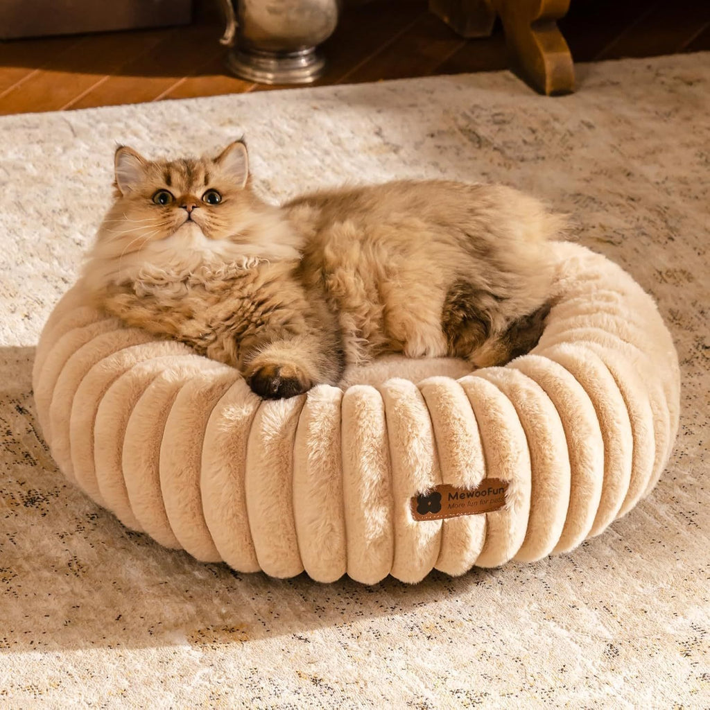 Fluffy Donut Cat Bed  Washable Round Calming Pet Bed for Cats & Small Dogs