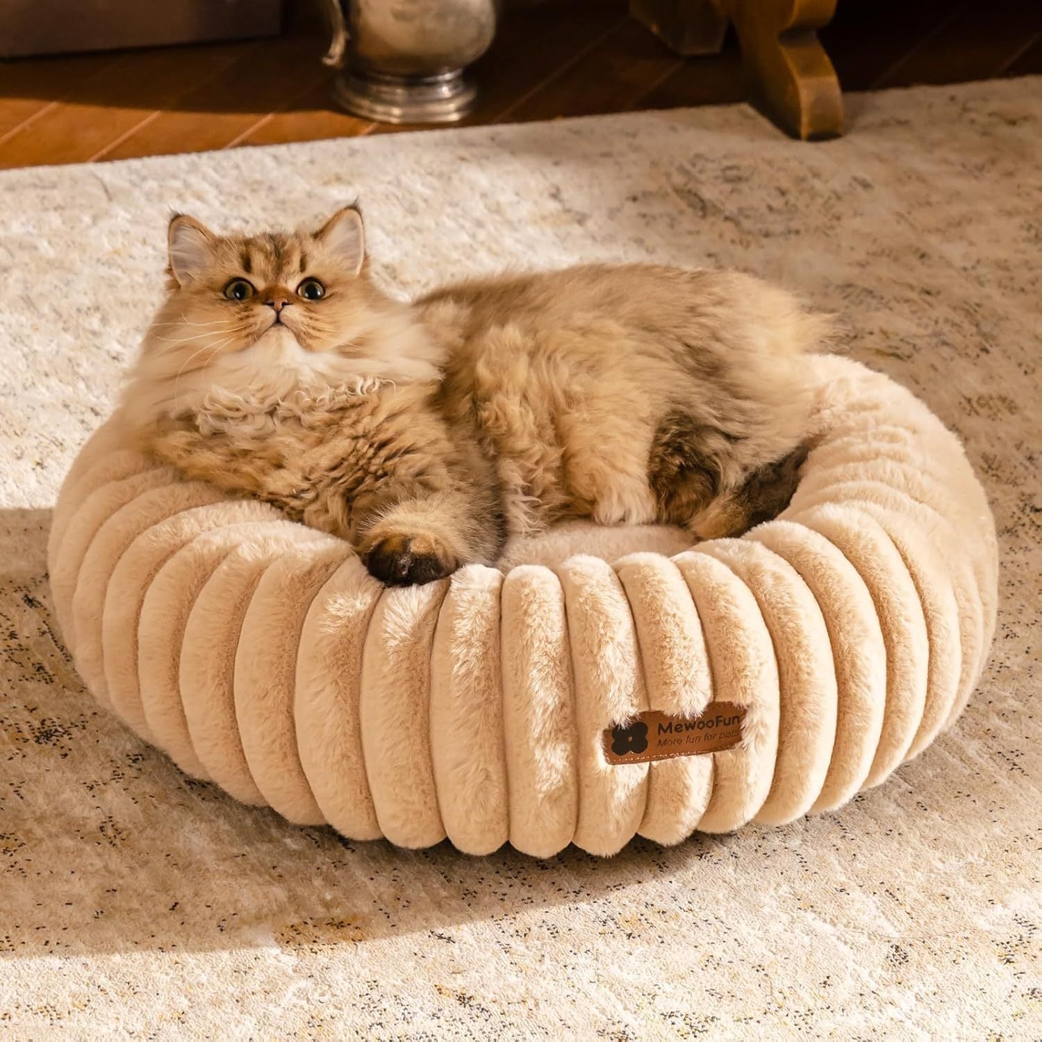 Fluffy Donut Cat Bed  Washable Round Calming Pet Bed for Cats & Small Dogs