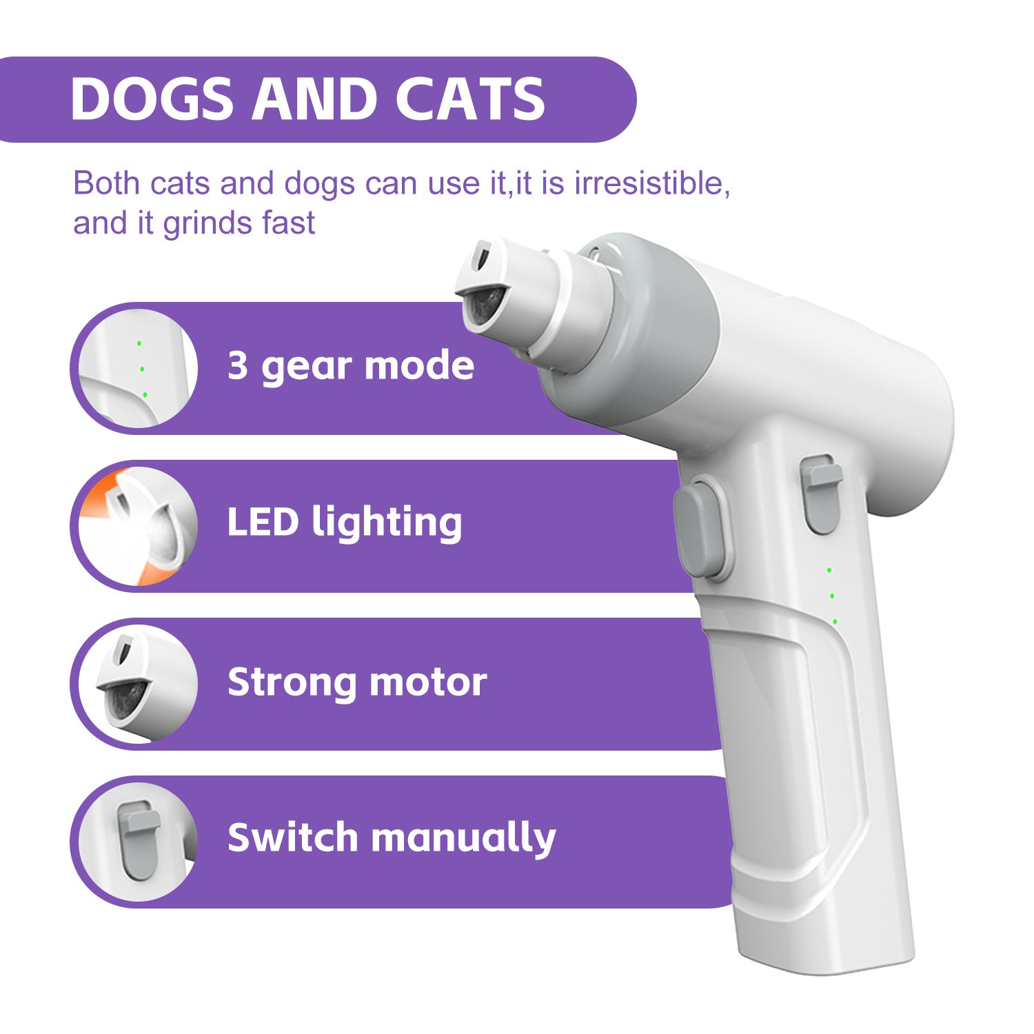 Rechargeable Pet Nail Grinder 🐾 with LED Light & Safety Guard – Dog & Cat Nail Trimmer